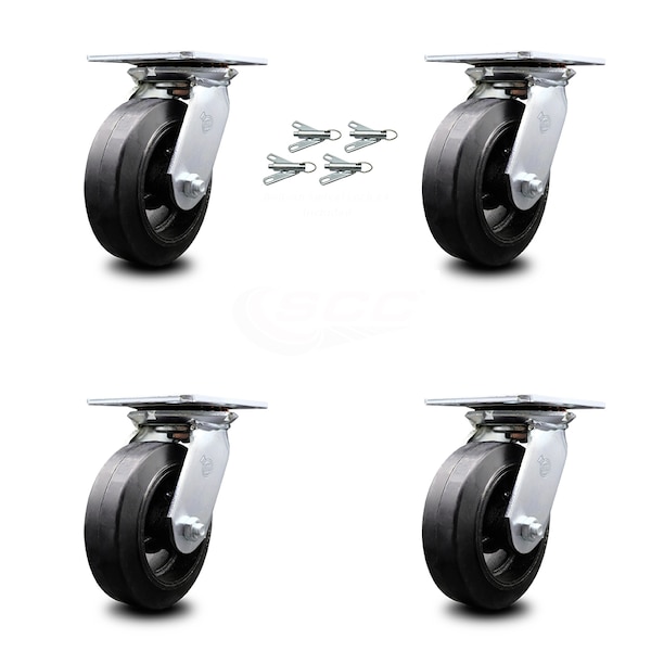 6 Inch Rubber on Steel Caster Set with Roller Bearings and Swivel Locks SCC
